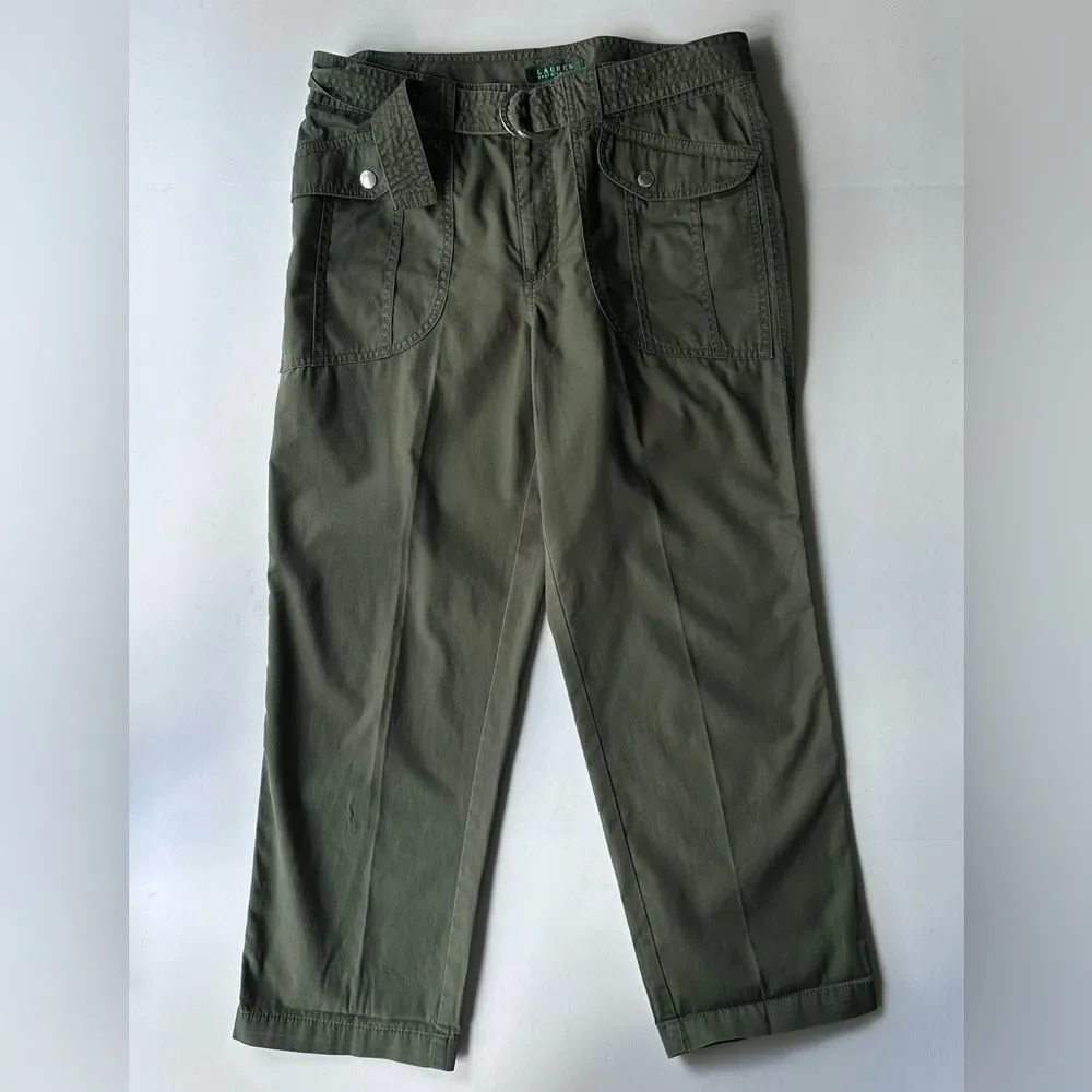 Lauren Ralph Lauren Green Khaki Belted Safari Style Cropped Trousers Capri 10